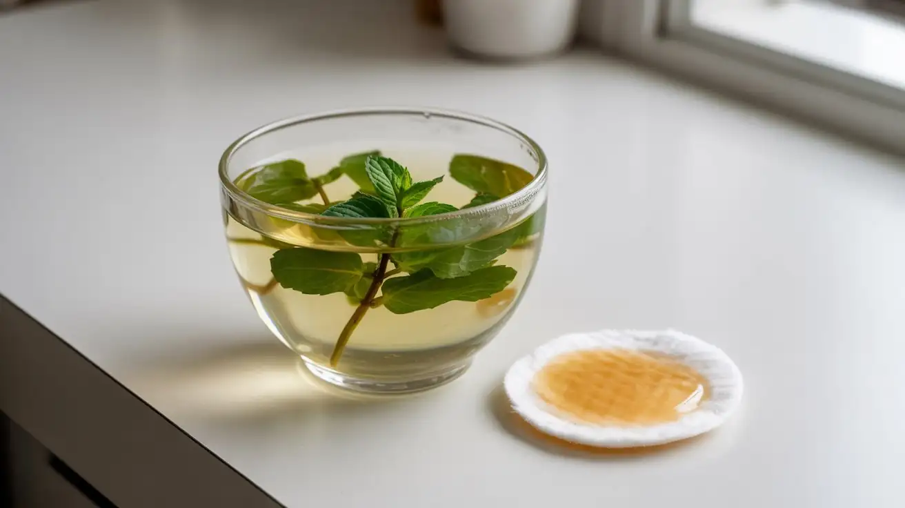cup of freshly brewed green tea with visible mint sprigs floating